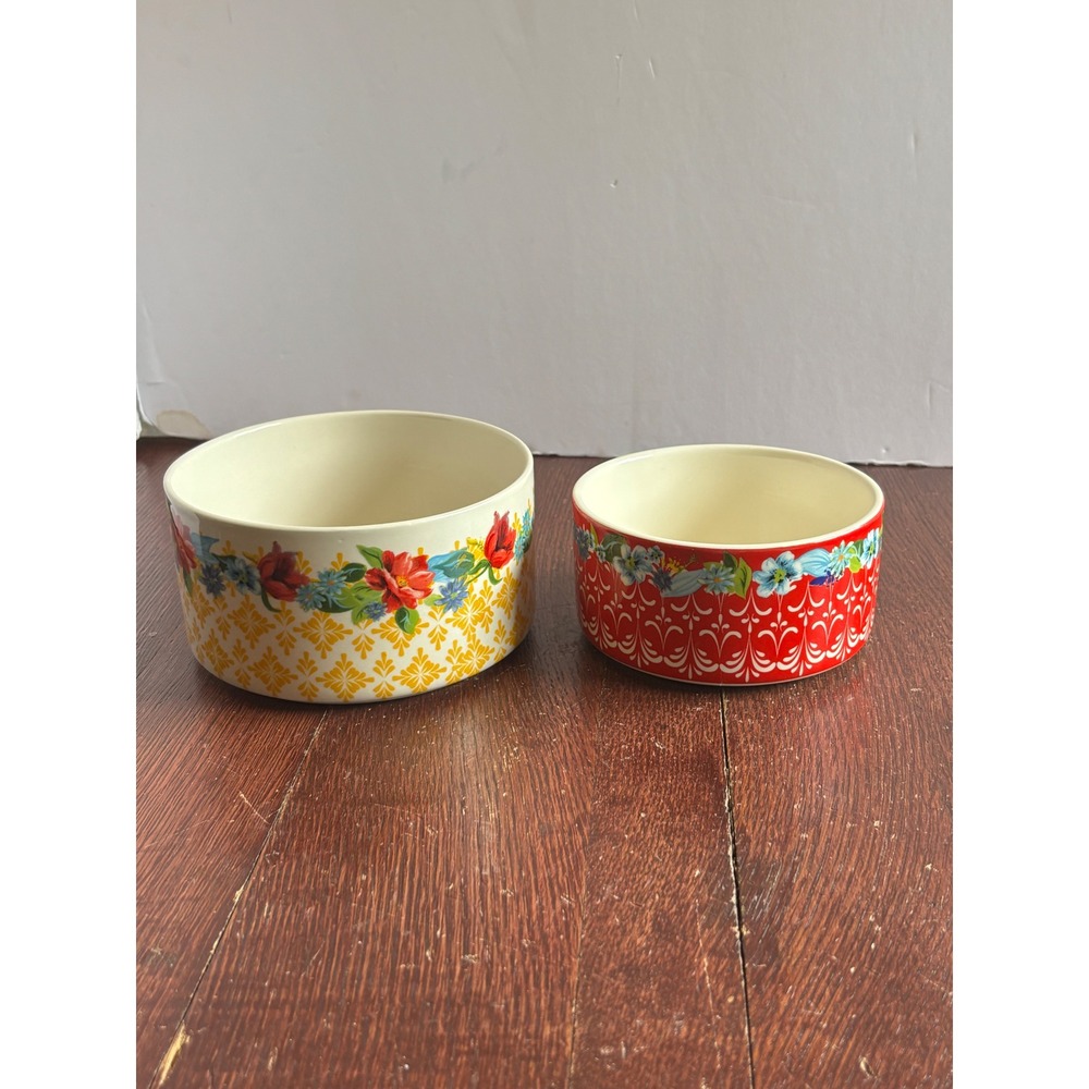 Pioneer Woman Stoneware Prep Bowl Set Floral Red Yellow 2 Piece Nesting Bowls